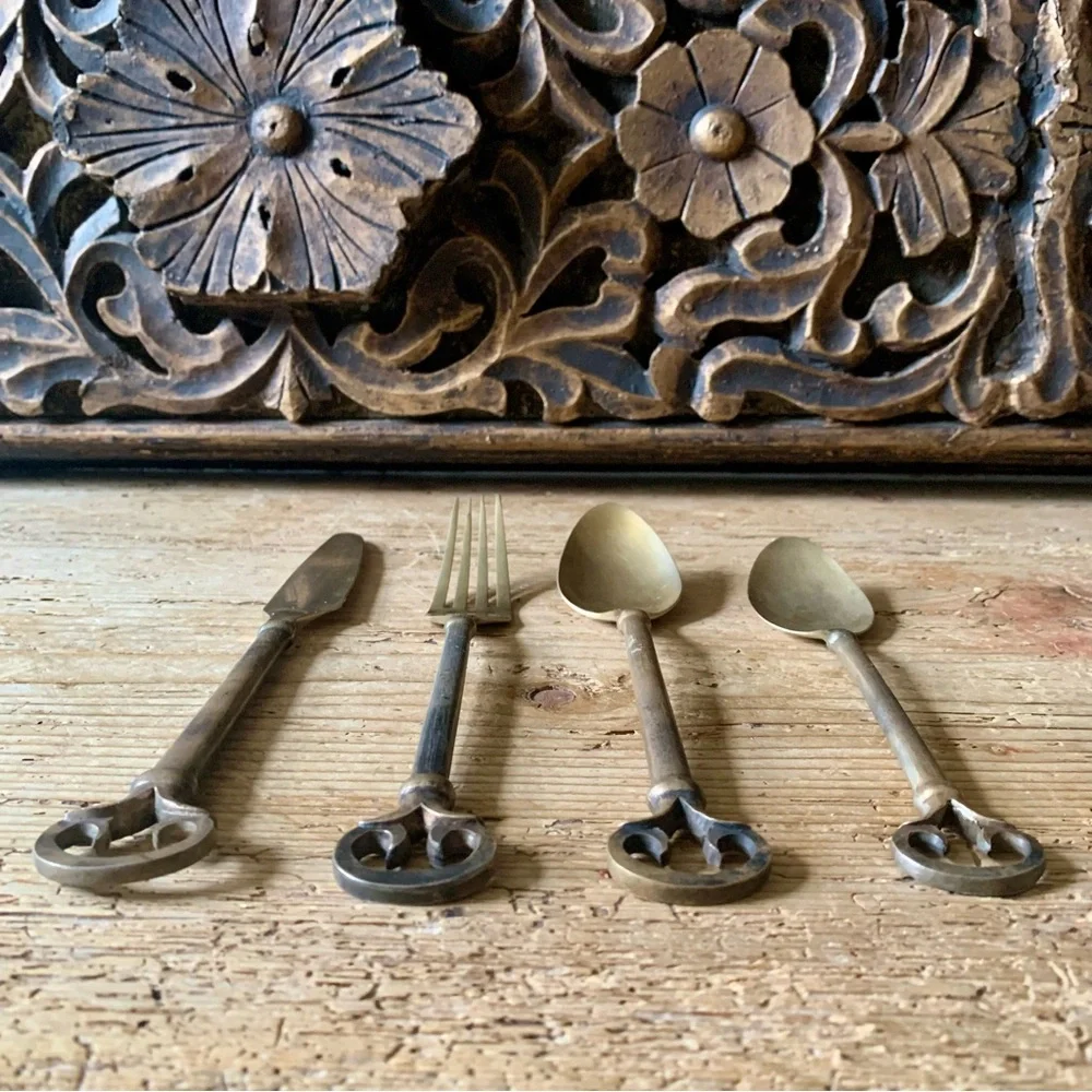Vintage Pottery Barn Bronze Keys Flatware 4 Four Piece Set Lot Knife Fork Spoons